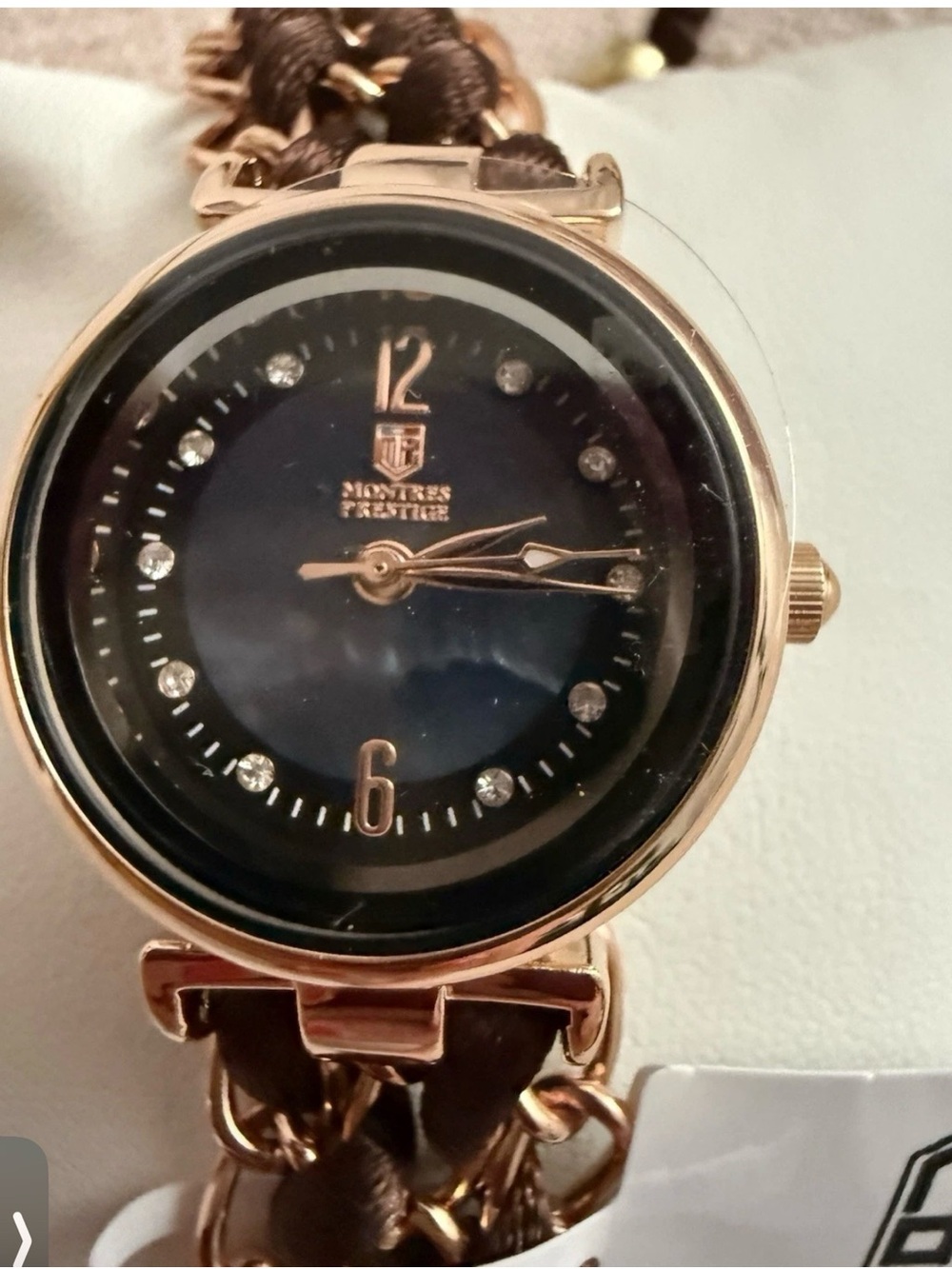 Montres Prestige Rose Gold Brown Braided Chain Watch